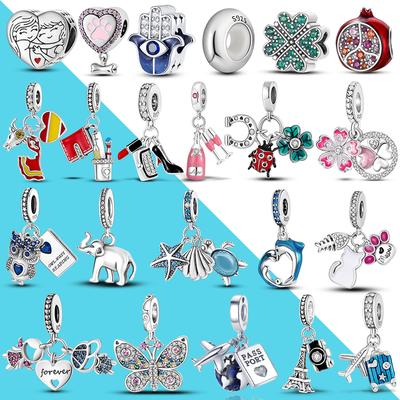 925 Серебряных подвесок-подвесок для любителей собак, синяя круглая бусина, подходит для оригинального браслета-бабочки с камерой, фруктами, самолетом