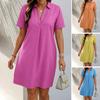 Women A-Line Dress V-Neck Lapel Short Sleeve Solid Color Summer Dress Loose Fit Lightweight Casual Dress