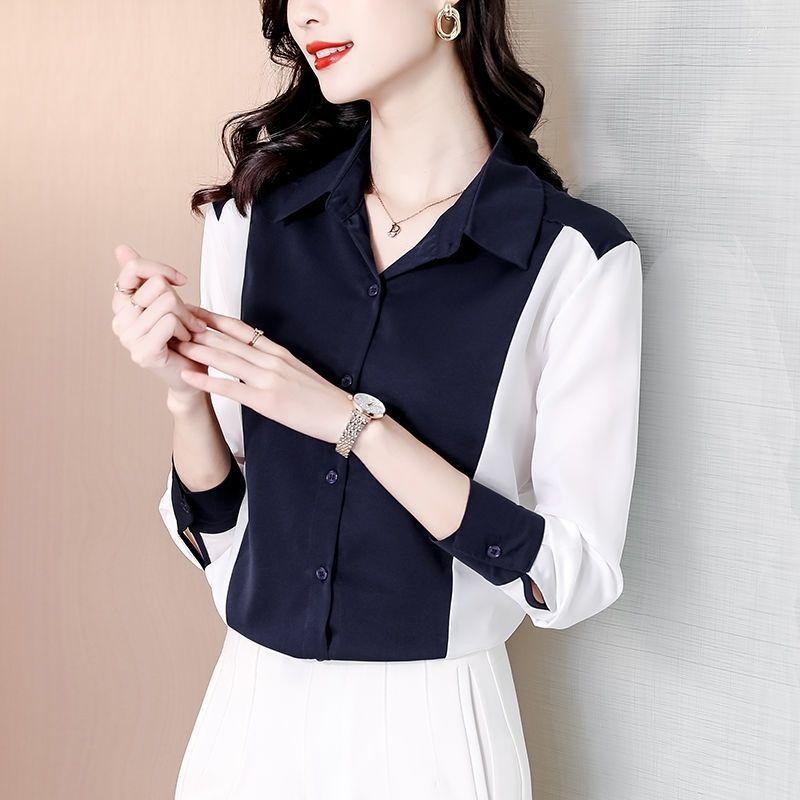 Chiffon Shirt Women's Spring Autumn New Color Contrast Fashion Long Sleeved Top Turn Down Collar Bottoming Blouse S-3XL