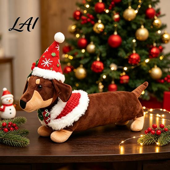 Holiday Themed Soft Toy Christmas Dachshund Plush Toy Cute Dog Stuffed Animal with Santa Hat Sweater Sweater Decor Ornament for Home Shelf Display,
