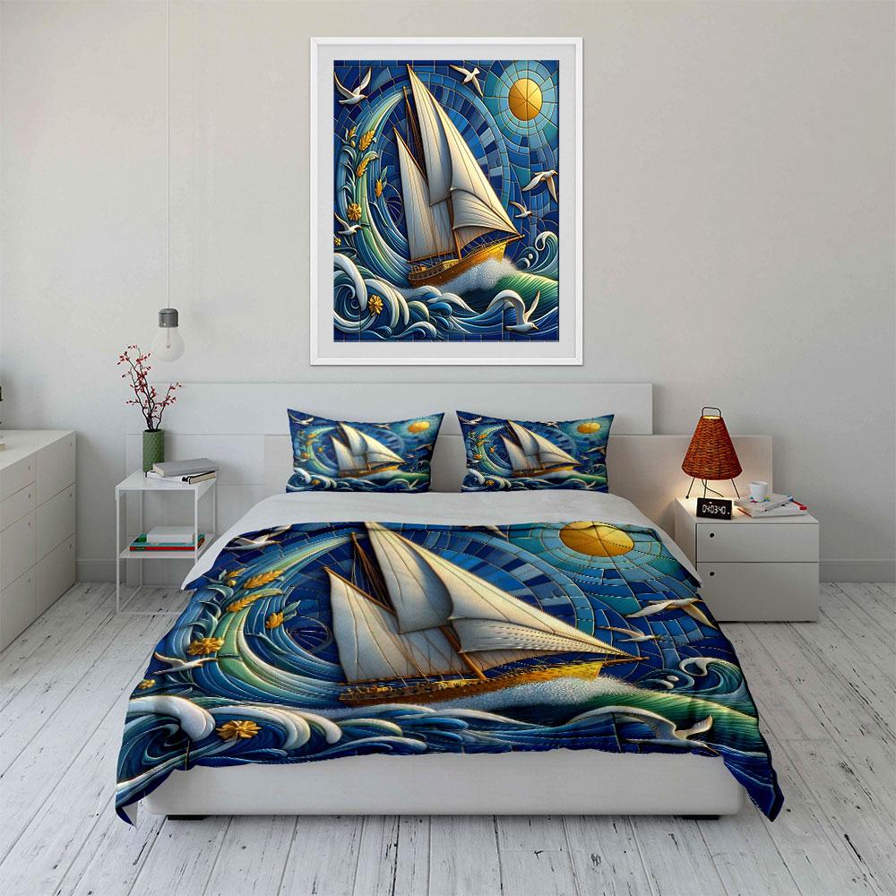 "Ocean Sailing Art Decor Set" Soft Skin-Friendly Bedding Set Includes 1 Duvet Cover And 2 Pillowcase Gift