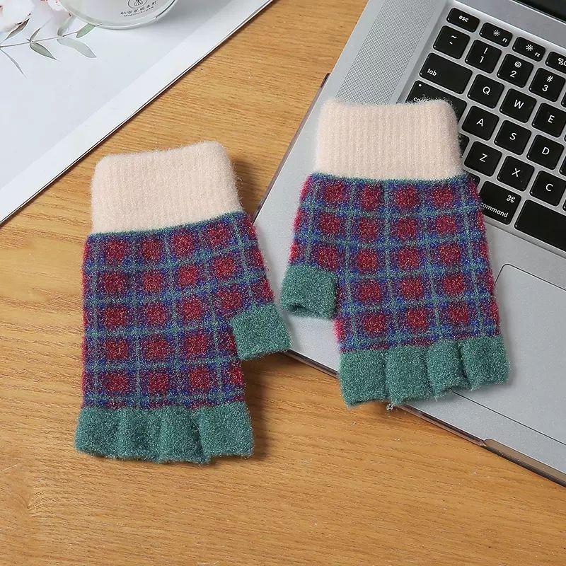 Female Checkerboard Winter Half-Finger Gloves Warm Half Open Finger Korean Version Student Writing Winter Typing Computer
