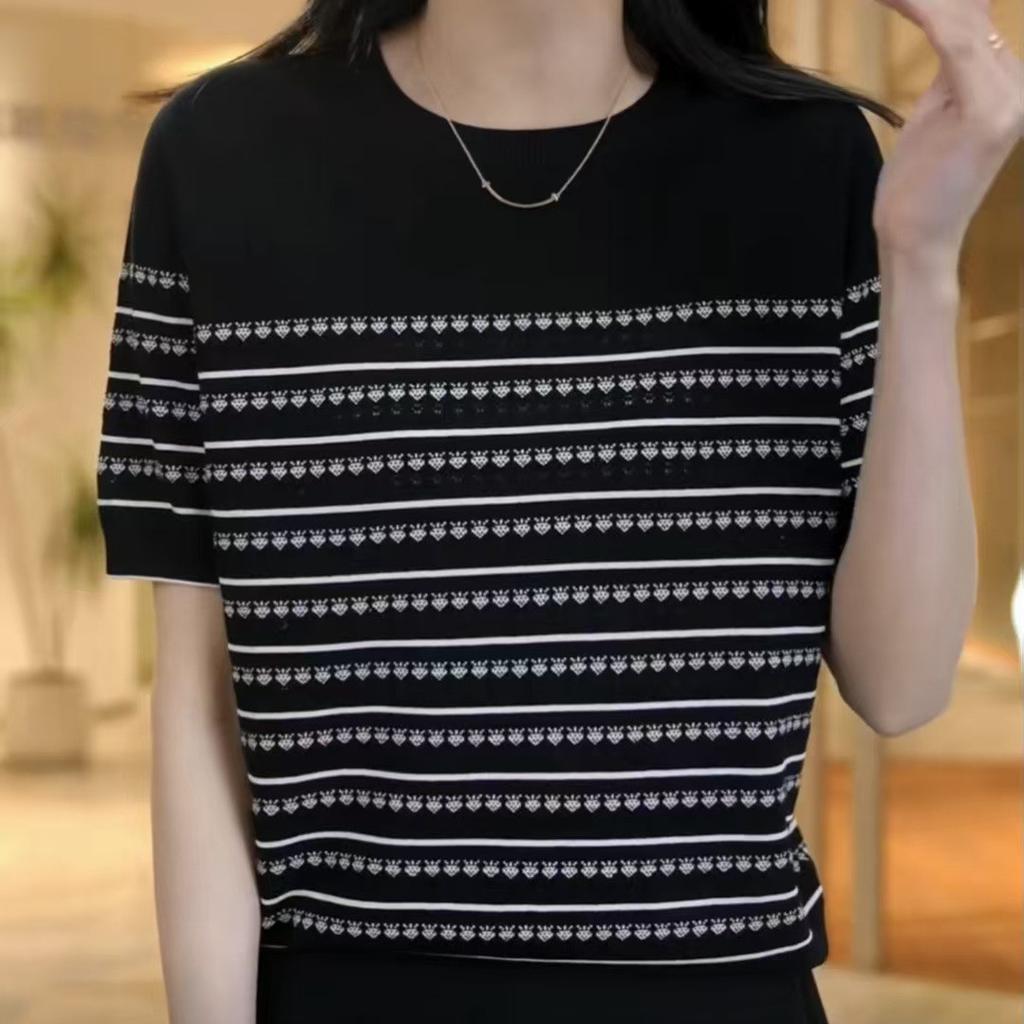 Женская полосатая трикотажная рубашка из ледяного шелка, футболка с коротким рукавом, летний свободный топ