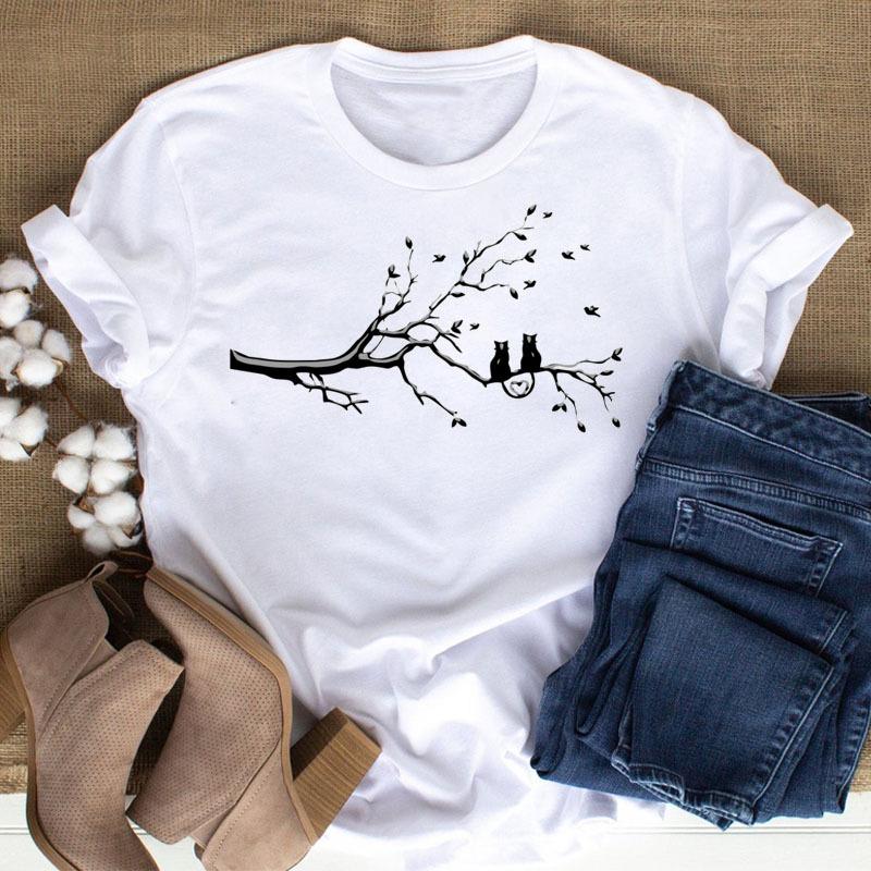 100% Polyester Women's Summer Casual Top with Cute Cat Dog Paw Print round Neck Short Sleeve T-shirt Fashion High Street Style gift
