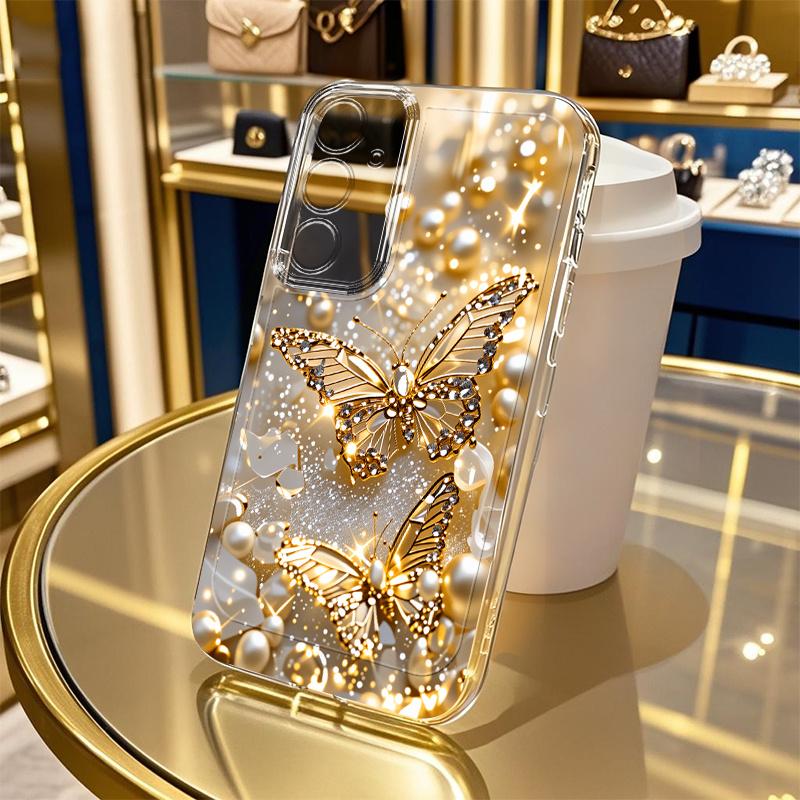 Золотая бабочка Алмазный узор Чехол для телефона для Samsung Galaxy S26 S25 S24 S23 S22 S21 S20 fe/plus/Ultra Прозрачный противоударный