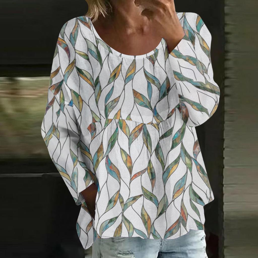 Женский повседневный модный свободный топ с круглым вырезом и цветочным принтом, с длинным рукавом
