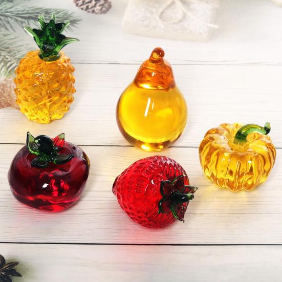 Faux Crystal Fruit Figurine Clear Glass Strawberry Pineapple Persimmon Lemon Banana Statue Sculpture Paperweight Desktop Decoration Ornament