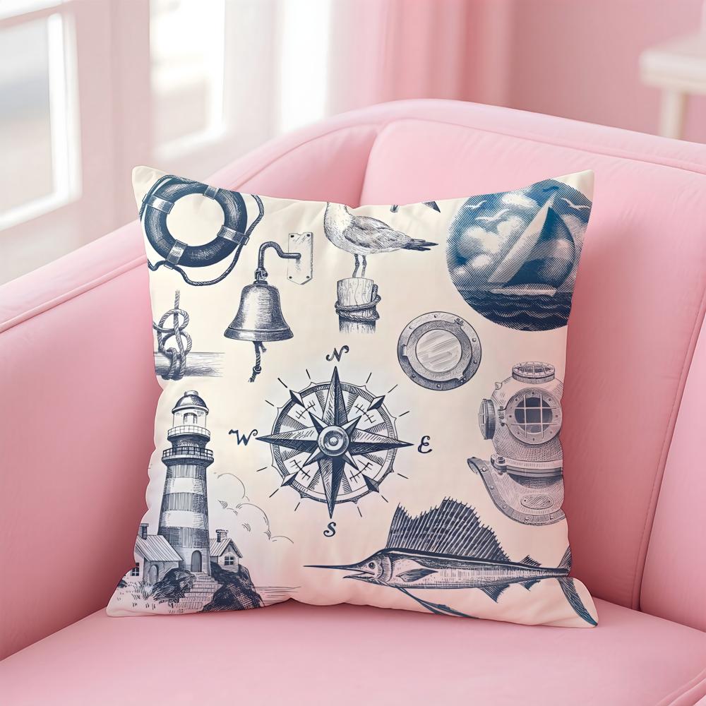 Ocean Blue Compass with Anchor Cushion Cover Pillow Case Soft Skin Friendly Fabric Concealed Zipper