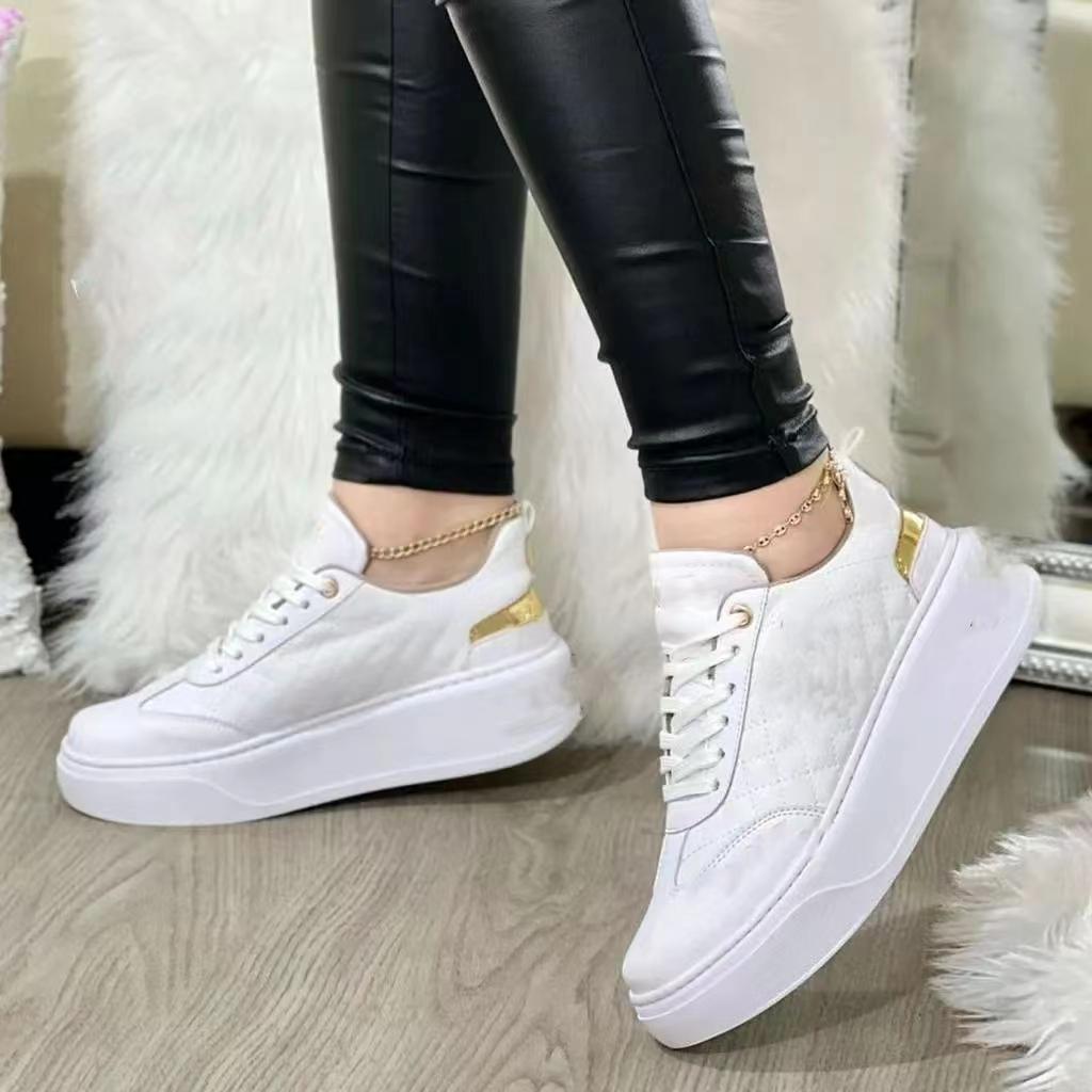 Women's Shoes 2024 New Fashion Tennis Thick Bottom Vulcanized Shoes Casual Leather Lace Up Outdoor Running Black Chaussure Femme