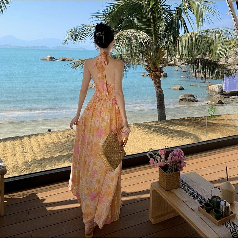Ladies Summer Seaside Holiday Printed Chiffon Backless Halter Dresses