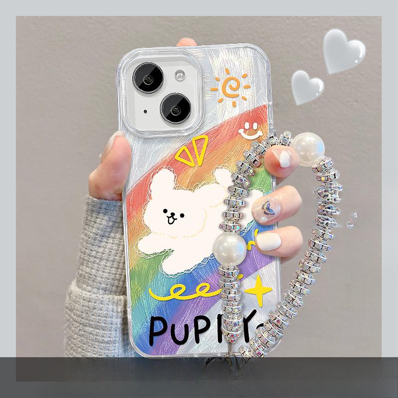 Подходит для чехла для мобильного телефона Apple 15 Летний Iphone14 Радужный кот Подставка Цепочка 13 Перо Пряжа IDM Милый 7/8