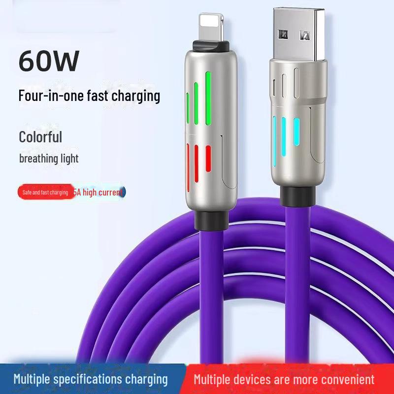Кабель для передачи данных PD60W с жидкостным силиконом и функцией быстрой зарядки 4 в 1, Type-C, совместим с Huawei и Apple, двойная быстрая зарядка.