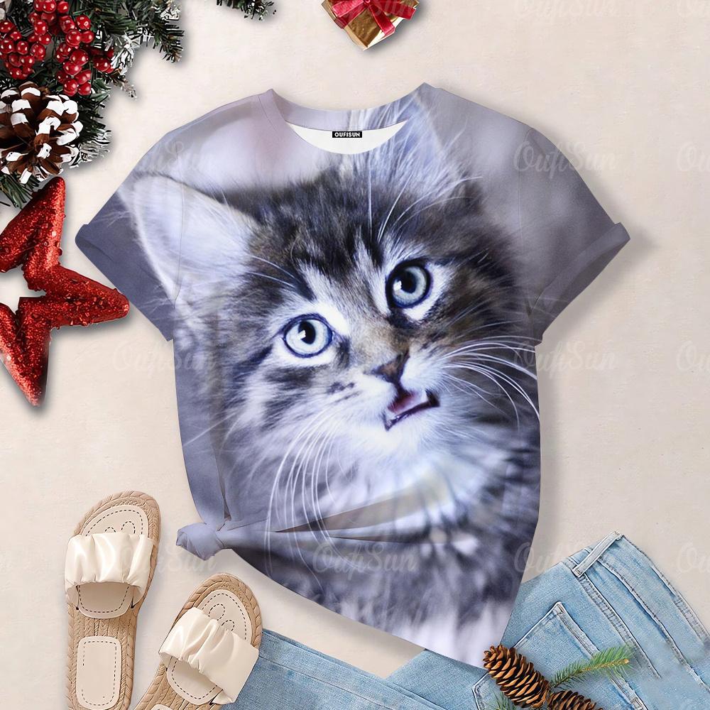 Футболки Overzise для женщин 2024, футболки с круглым вырезом и короткими рукавами с 3d принтом милого кота, топы, кавайные повседневные футболки, эстетические женские топы