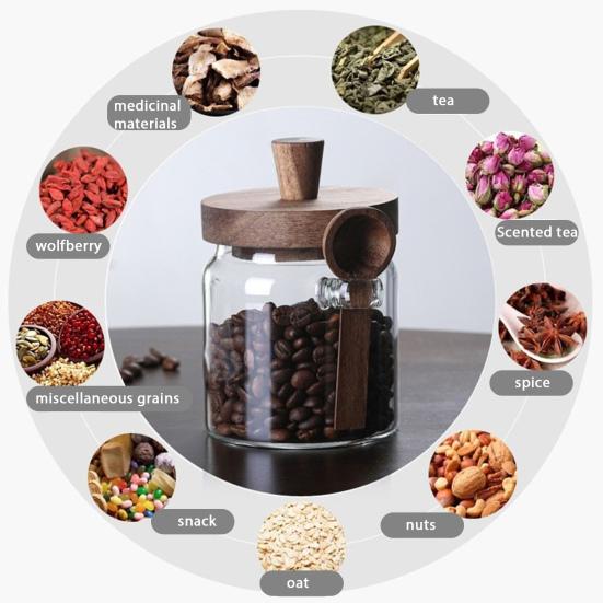 Glass Airtight Canister Sealed Jar with Wooden Spoon Transparent Food Storage Jar for Spice Coffee Beans Kitchen Pantry Supplies