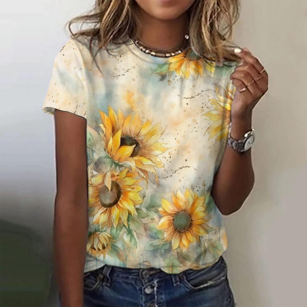 Ladies' Loose Summer Elegant Retro Women's Clothing 3D Printed Sunflower Top Short Sleeved T-shirt