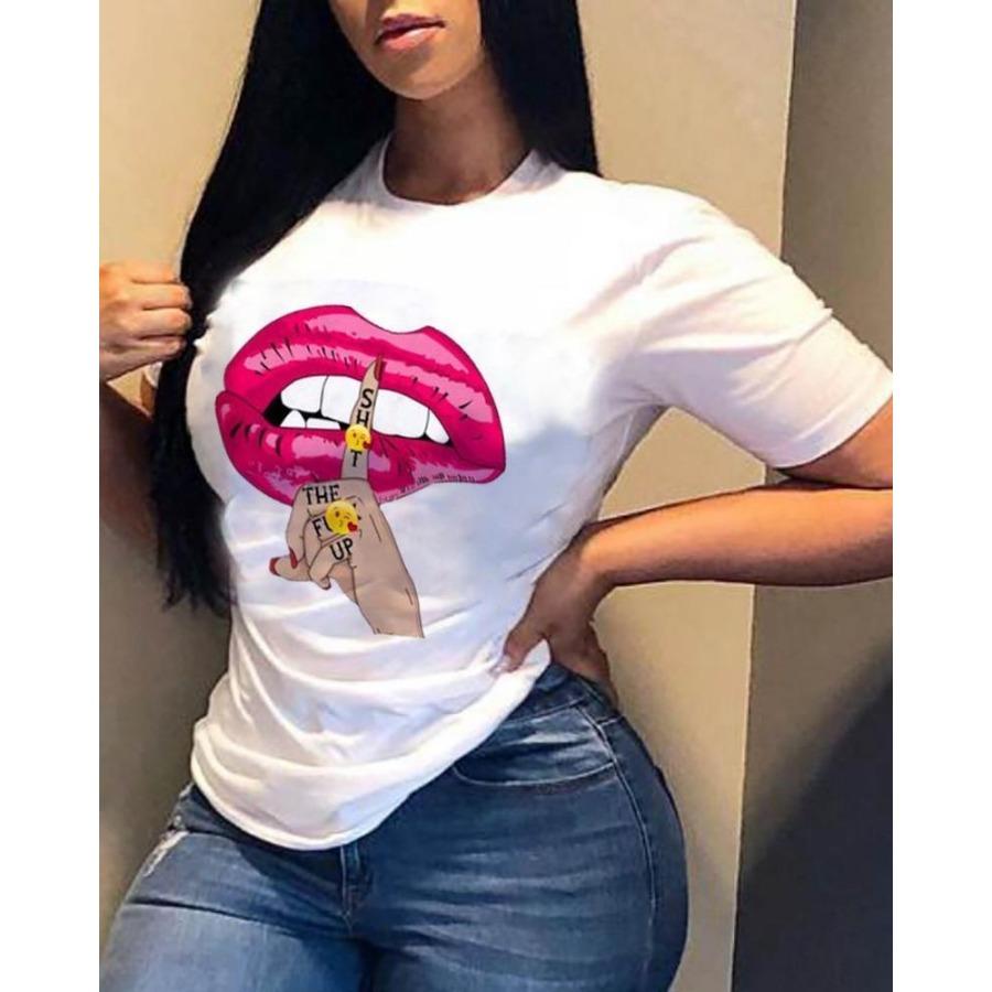 Красочные губы девушка напечатаны простые модные свободные круглый вырез чистый хлопок футболки женские