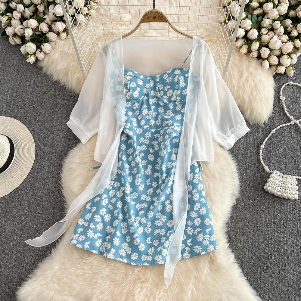 Women Summer Floral Print Two Piece Slim Vacation Elegant Ladies A Line Short Dress