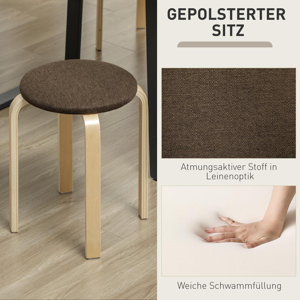 Upholstered Stool Set of 4, Stackable, Lacquered Surface, Wooden Legs, Brown