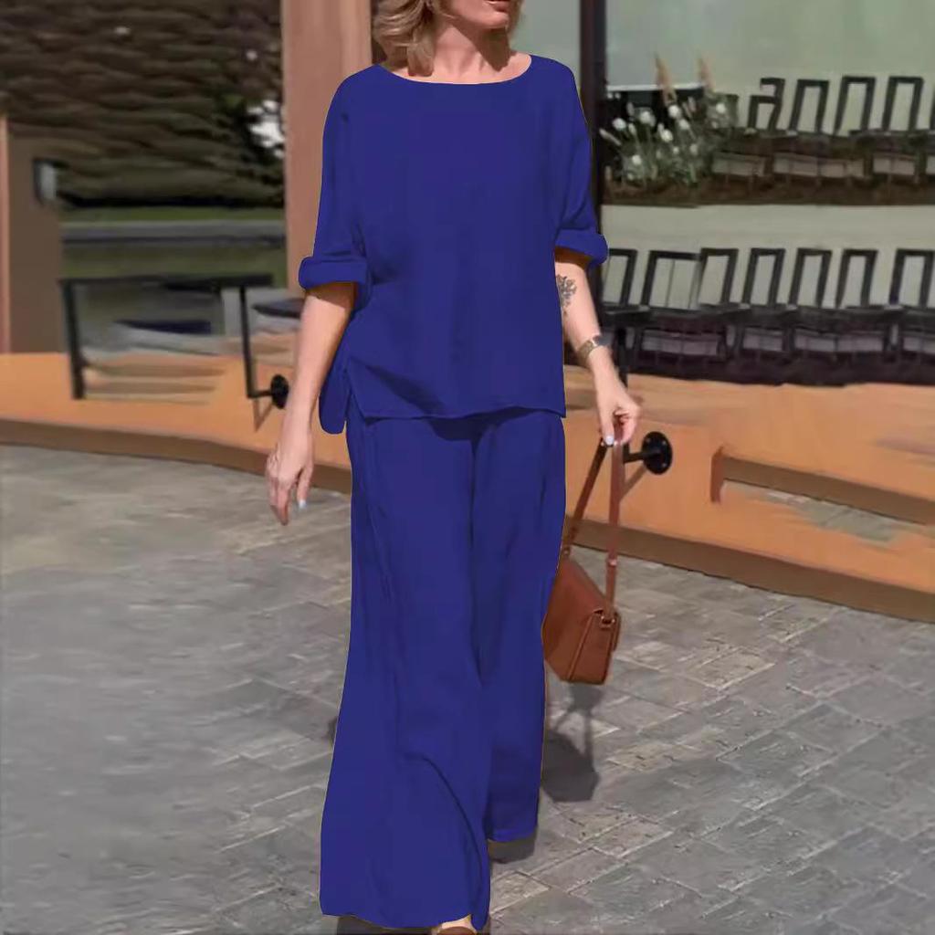 Женский повседневный костюм из хлопка и льна 2025 года в однотонном цвете: Летние свободные брюки из двух частей