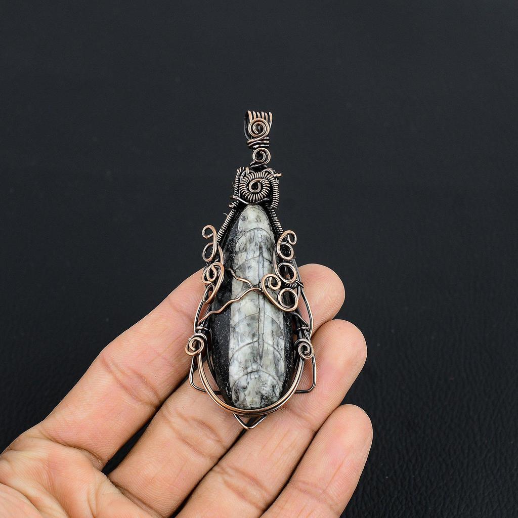Orthoceras Fossil Jewelry, 999 Copper Wire Wrapped Pendant Handmade Gemstone Jewelry, Gifts For Wedding Pendant