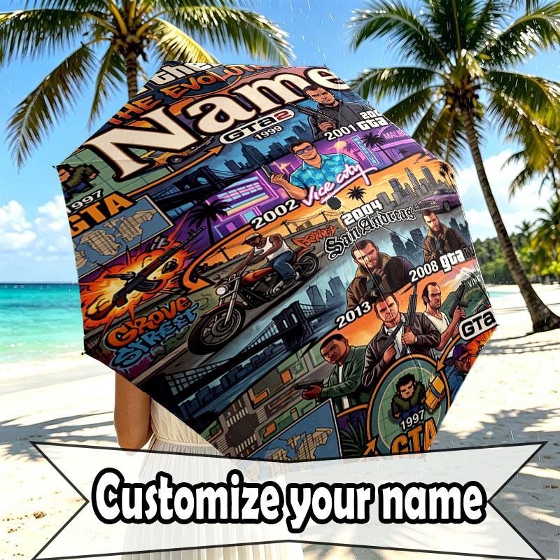 Custom Name Personalized Grand Theft Auto Print Umbrella, Auto Open Close, 8‑Rib Sturdy Frame, Commute Camping Hiking Use, Birthday Gift