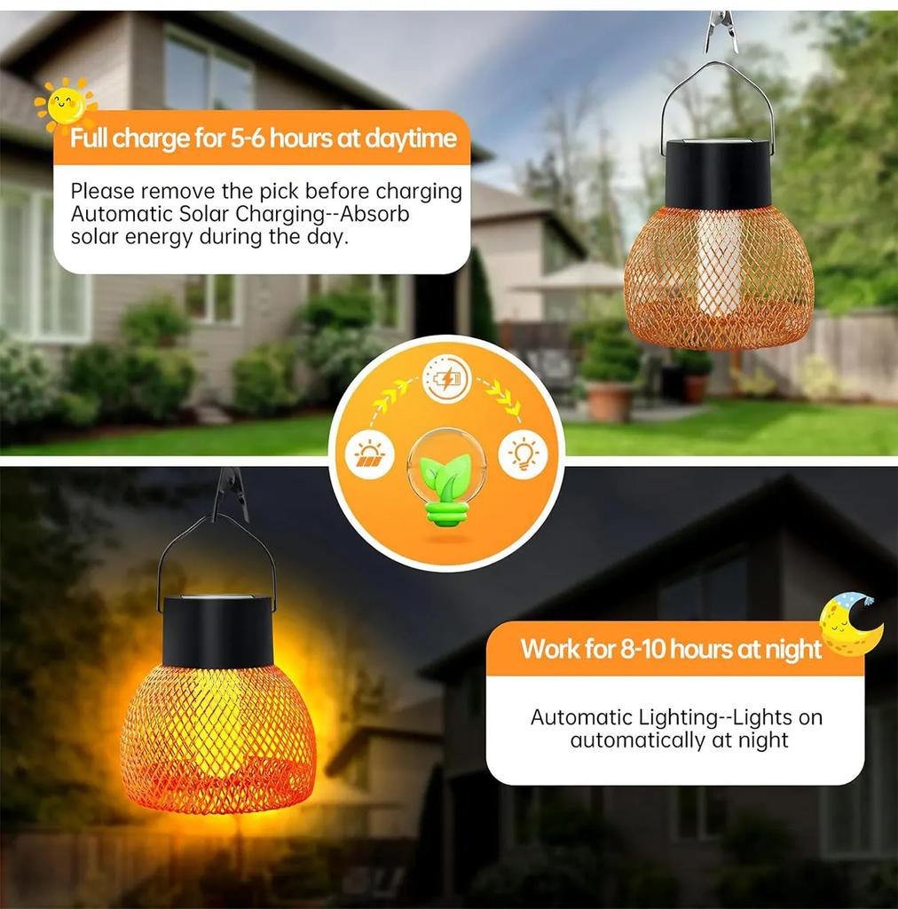 Solar Flame Effect Hanging Lantern Outdoor LED Solar Light Waterproof Solar Fairy Light for Patio Garden Camping Christmas Decor
