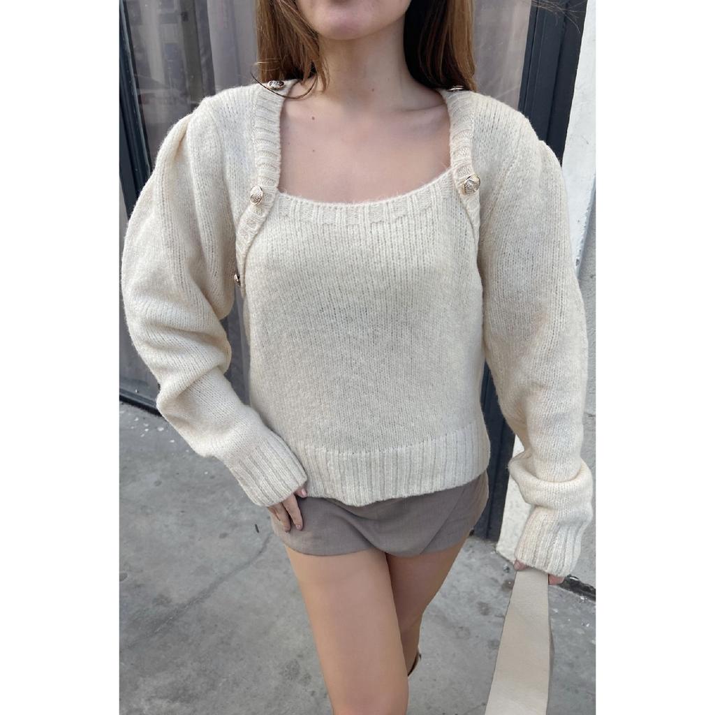 Women's Square Collar Button Patterned Knitwear Sweater