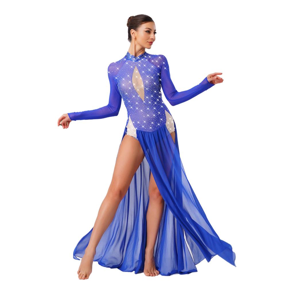 Женское блестящее платье для лирического танца со стразами, с длинным рукавом, открытой спиной, шифоновой юбкой с разрезом, цельный купальник-платье