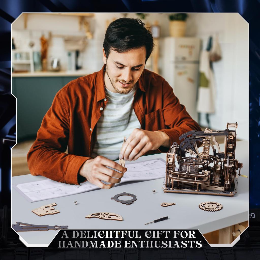 ROKR 3D Puzzle Electric Marble Run Spaceport Movable Model Mechanical Wooden 3D Wooden Puzzle Craft Kit DIY Craft Assembling Kill Time Educational Toy