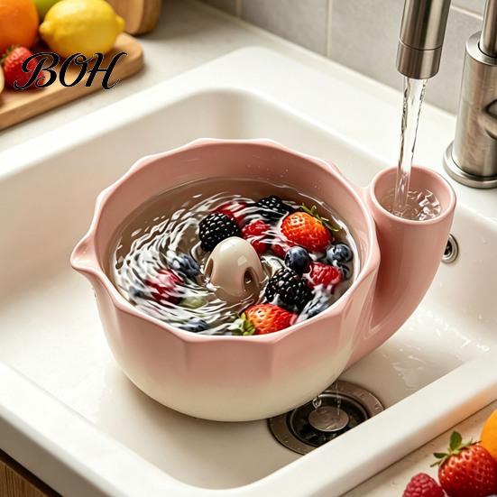 Ceramic Fruit Bowl for Kitchen Berry Washing with Drainage Holes, Self Rinsing Swirl Wide Mouth Lace Edge Colander, Large Capacity Colander