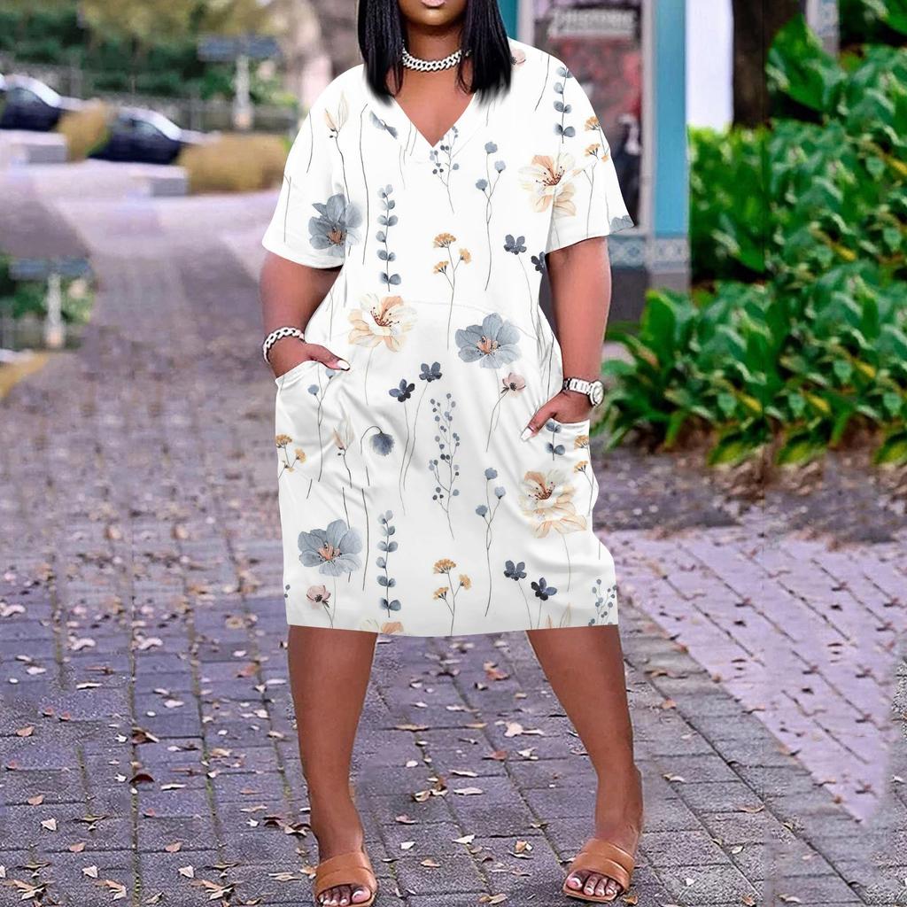 Лето плюс размер V-образным вырезом с короткими рукавами и карманами до колена с принтами повседневное платье для женщин