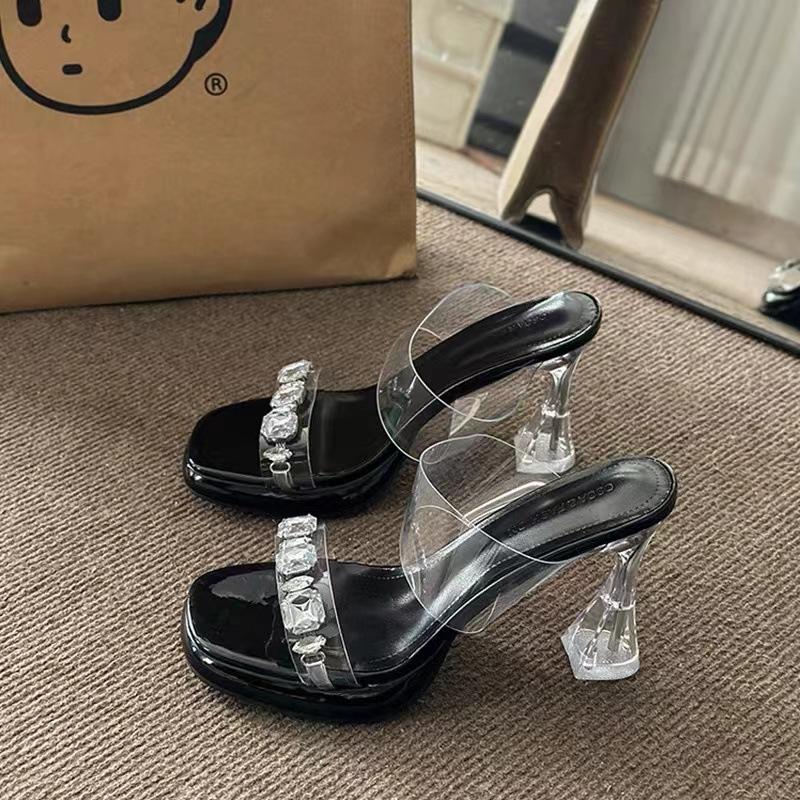 Rhinestone transparent crystal high-heeled sandals with 2025 new thick heel casual fashion versatile slippers