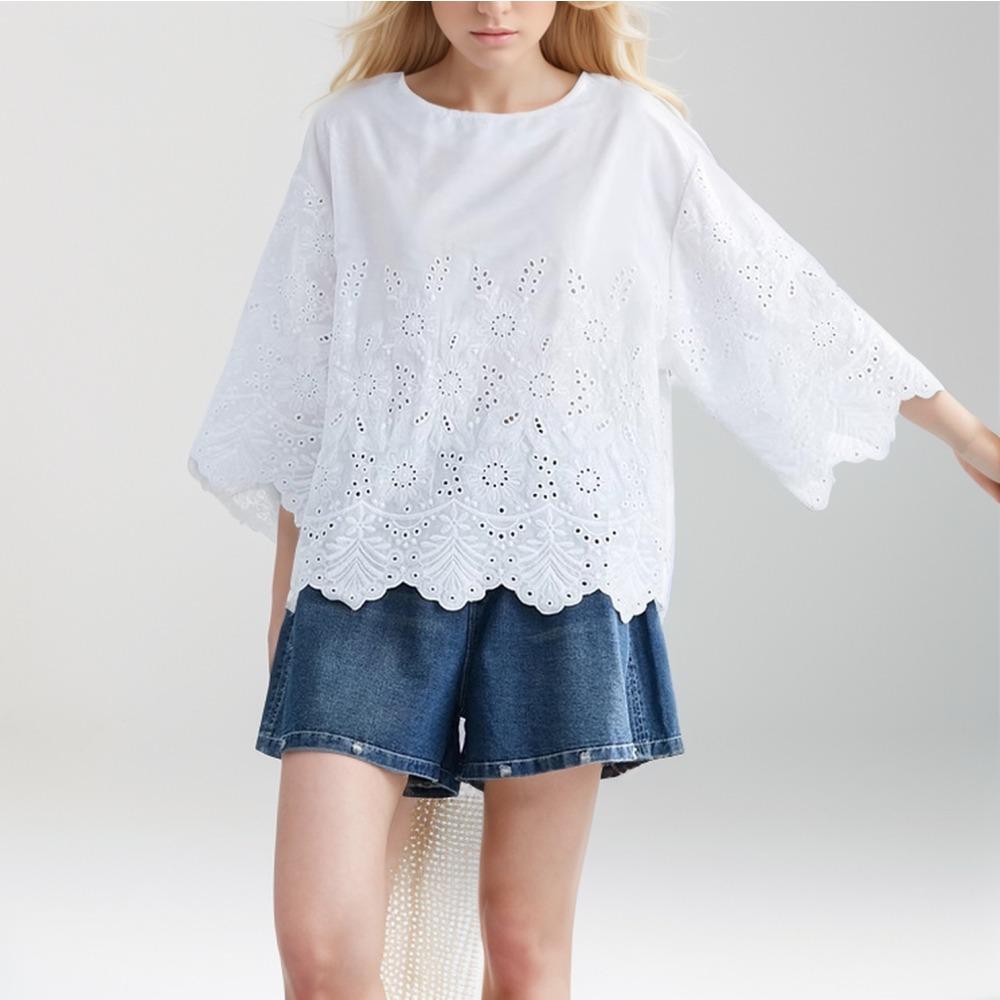 Dimanaf 2024 Большие размеры, летняя кружевная блузка, повседневная рубашка, женская одежда с принтом, белая свободная футболка с короткими рукавами