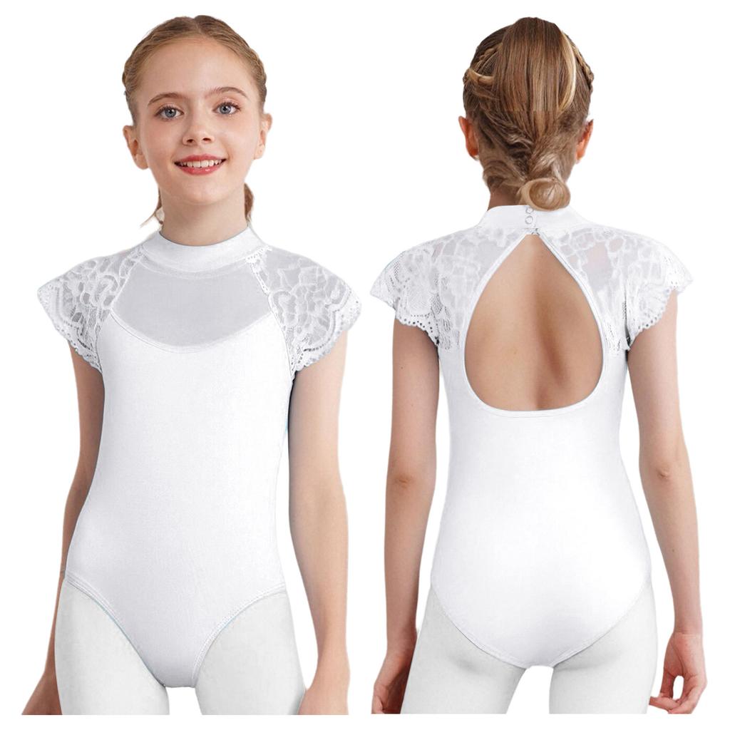 Girls Ballet Exam Leotard Lace Cap Sleeves Sheer Mesh Patchwork Cutout Dance Practice Wear