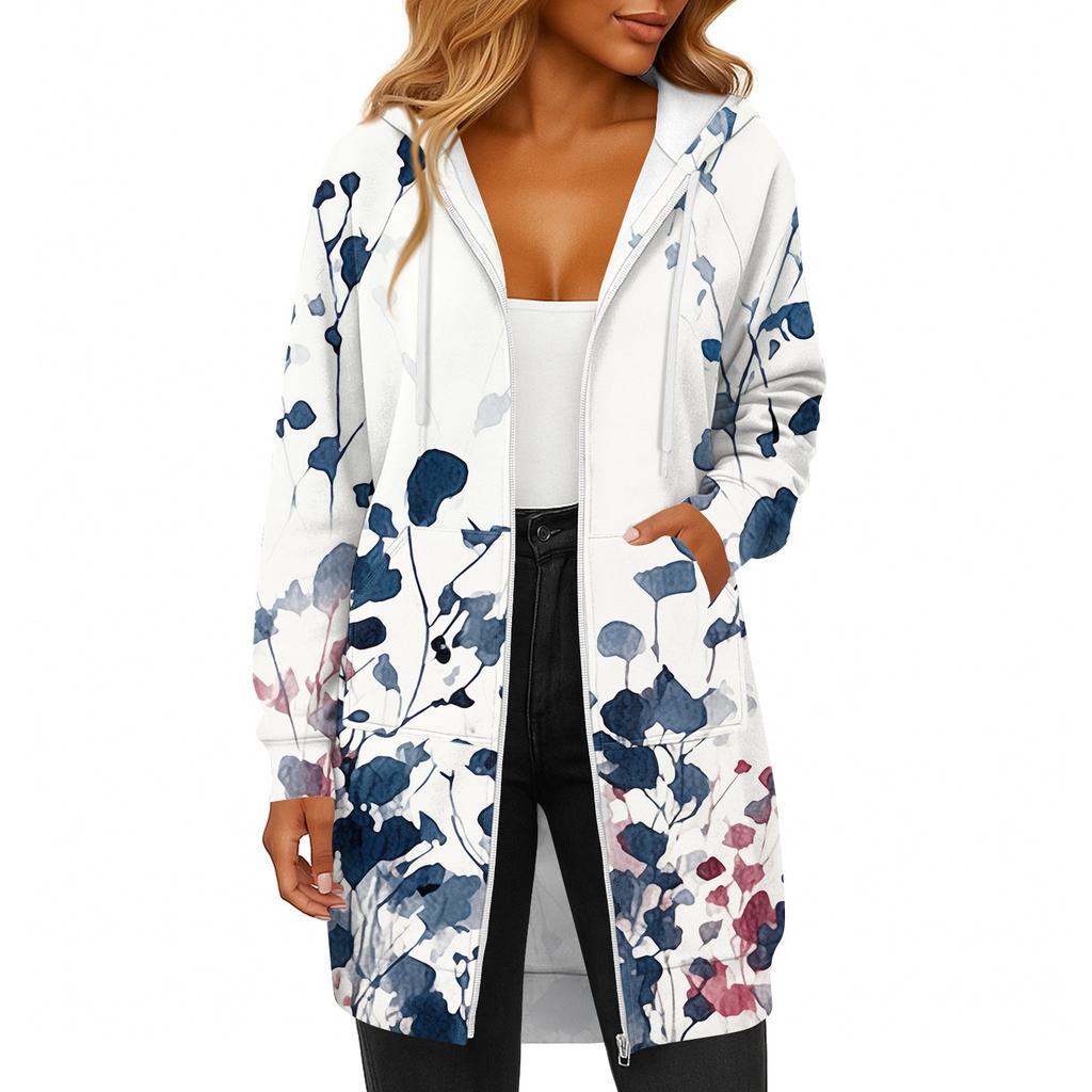 Women's Fashionable Printed Long Sleeved Drawstring Hooded Zipper Pocket Long Casual Sweatshirt Jacket