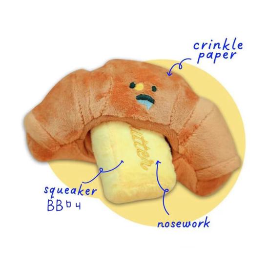 Plush Croissant Dog Toy Squeaky Bread Dog Chew Toy with Crinkle Sound Interactive Puppy Snuffle Toy for Small Medium Dogs