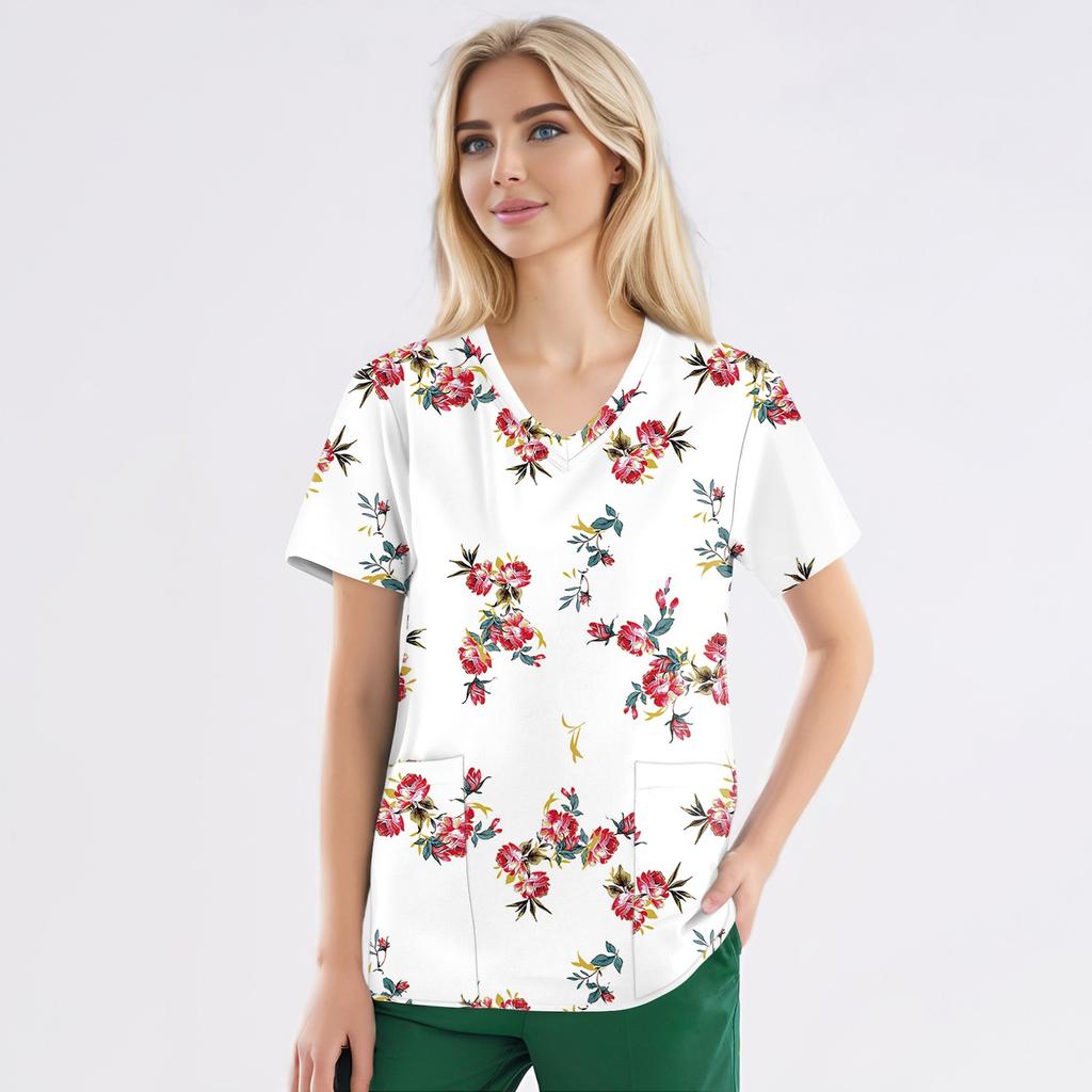 Рабочая форма больших размеров с принтом, топы для женщин, забавные футболки с v-образным вырезом и короткими рукавами, рабочая одежда, футболка с карманами