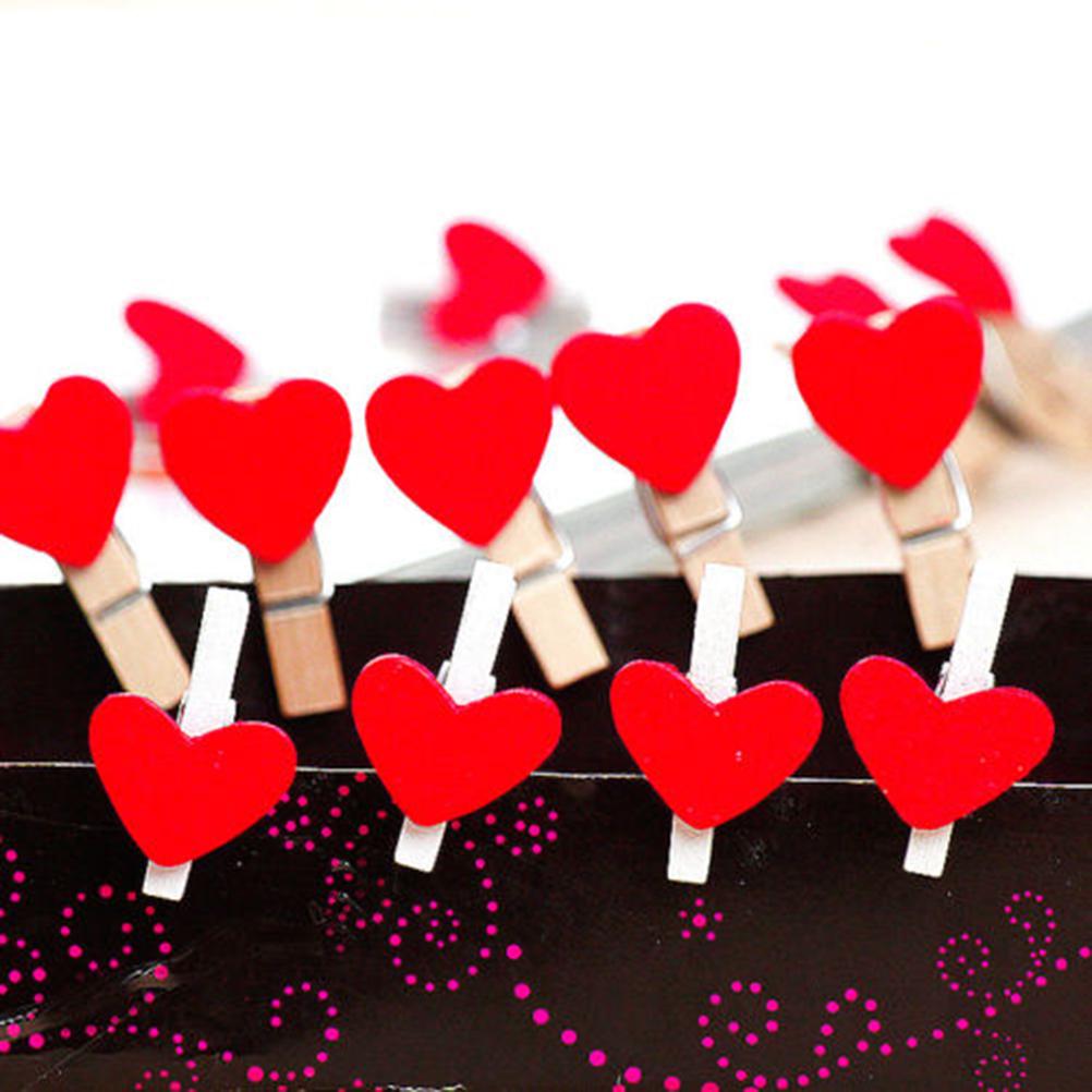 20 Pcs Stylish Wooden Red Love Heart Pegs Photo Paper Clips Wedding Decor Craft KTY