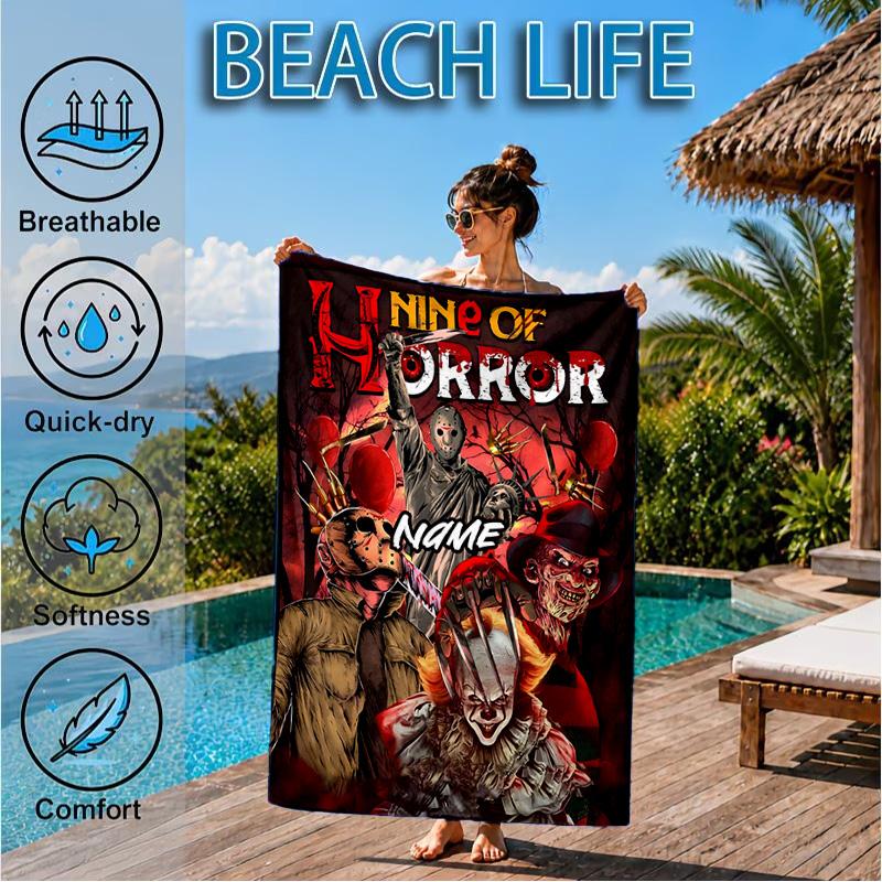 Custom Name Horror Movie Night Beach Towel Microfiber Beach Towel, Lightweight and Quick-Dry, for Summer Travel, Swimming Pool Gift