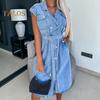 Женское джинсовое платье-рубашка без рукавов с пуговицами на лацканах, джинсовое платье, повседневное летнее платье А-силуэта с завязкой на талии для работы, офиса, вечеринки