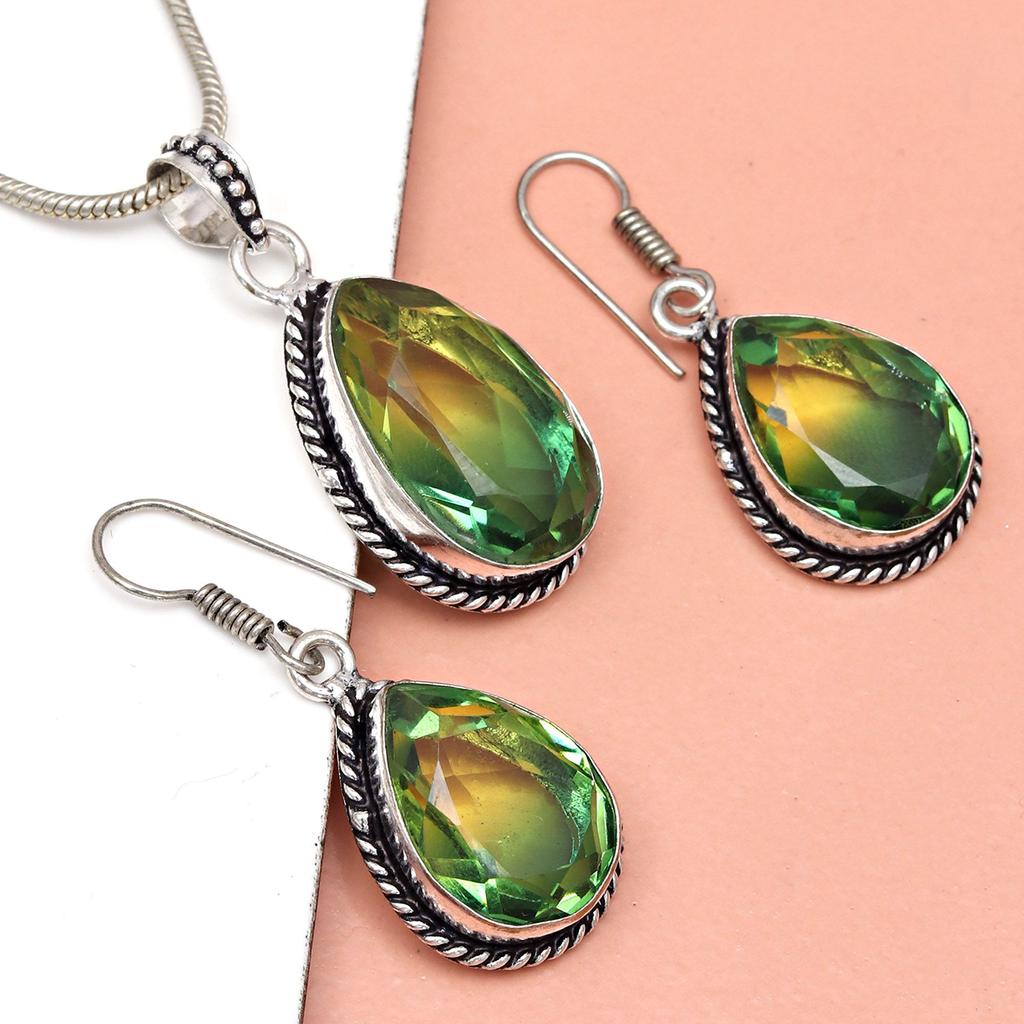 Green Tourmalinne Gemstone Mother's Day Jewelry Pendant Earring Set
