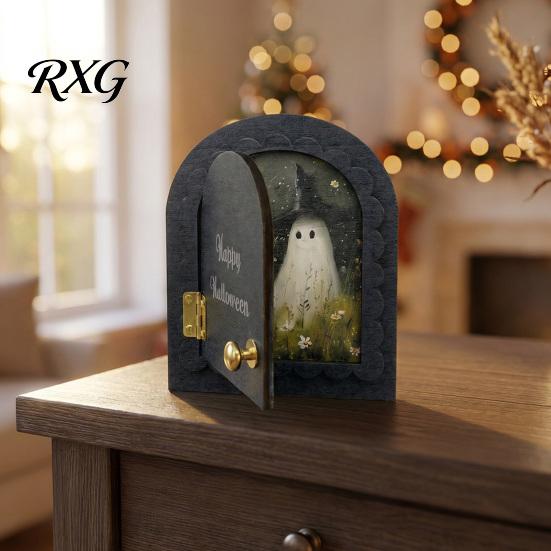 Decorative Halloween Fireplace Accent Cute Ghost Door Ornaments, Vintage Miniature Decoration, Retro Arched Tabletop Decor 3 Layer Openable
