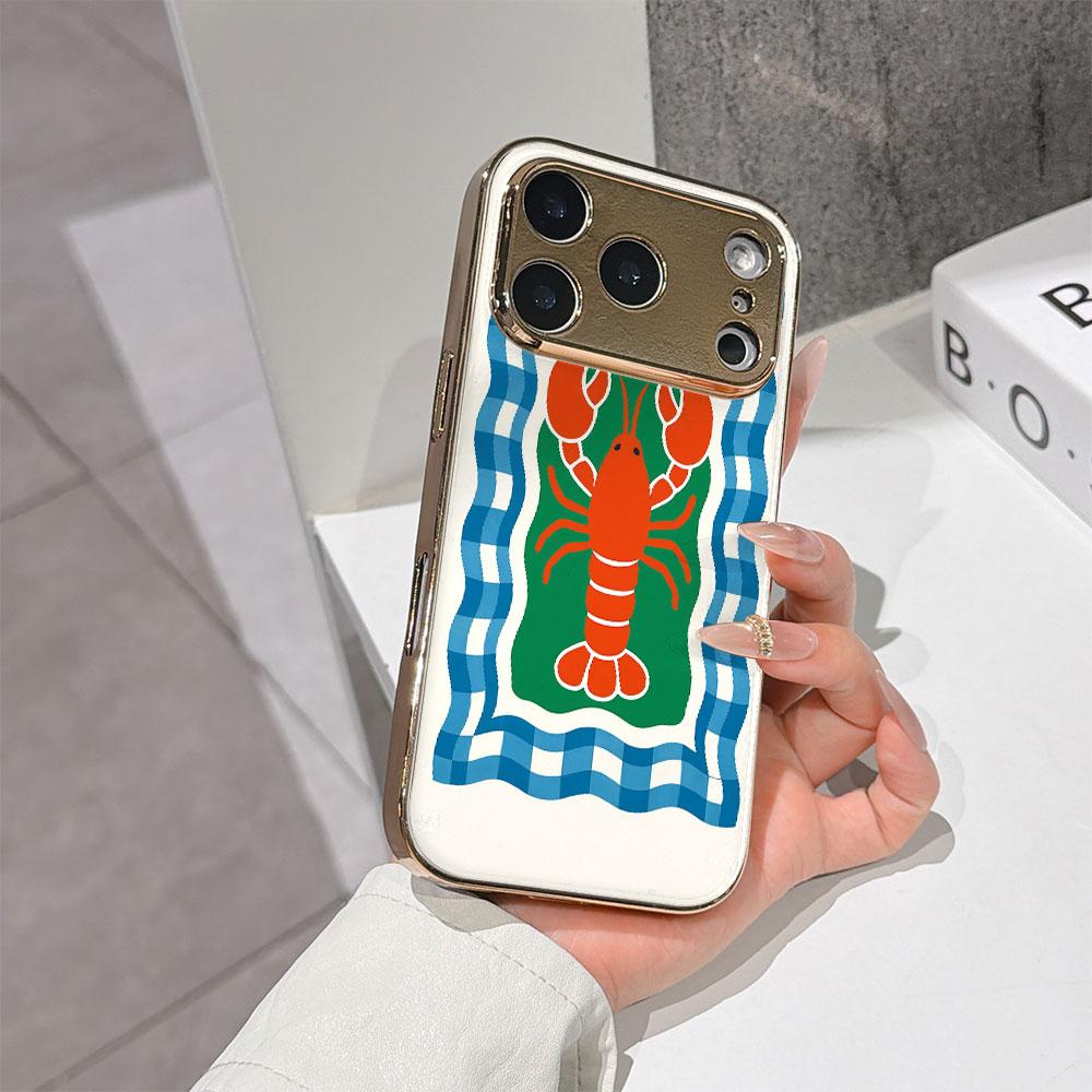 Lucky Start Phone Case For iPhone 17 16 15 14 13 12 Pro Max 16E Gold Electroplated glass shell Checker Lobster Nautical Art Cover