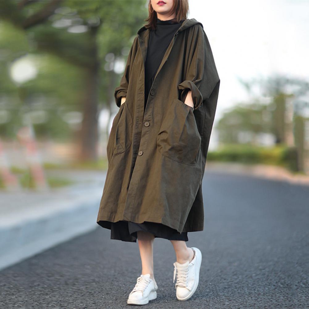 Осень-весна Женское пальто с капюшоном, однобортное, с длинными рукавами, свободный кардиган, длина до середины икры, с завязками, с большими карманами