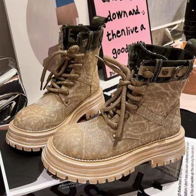 Мода 2024 Горячие Ретро Увеличивающие Рост Дышащие Джинсовые Рабочие Ботинки Новые Модные Ретро Ботинки на Толстой Подошве в Британском Стиле для Женщин