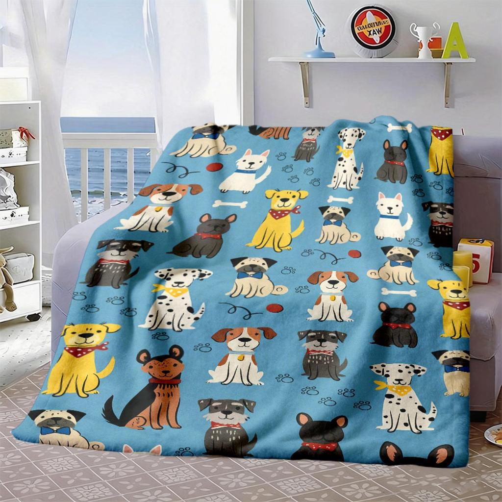 2026 New Arrivals 1pc Cozy Soft Distressed Dog Breed Print Flannel Throw Blanket Colorful Cartoon Dogs Design, Machine Washable, Tear-Resistant, Perfe