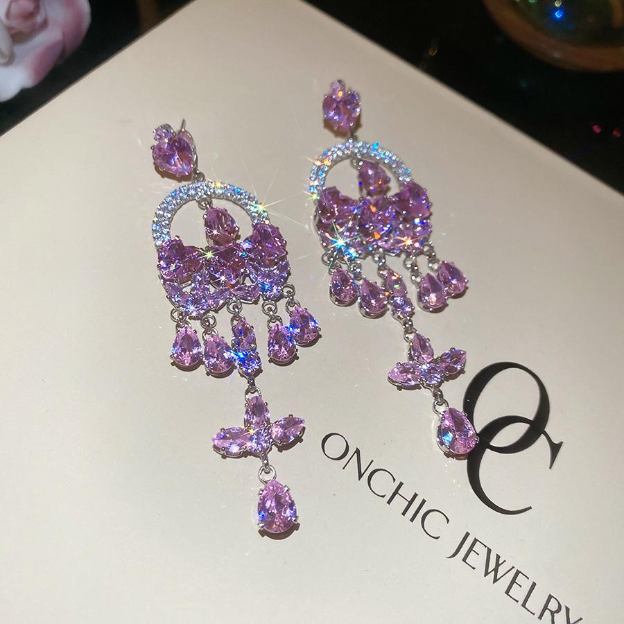 Серьги-пусеты «Серебряная игла» с вырезами в виде розовых бабочек и цирконами - Высококачественная роскошная модная бижутерия