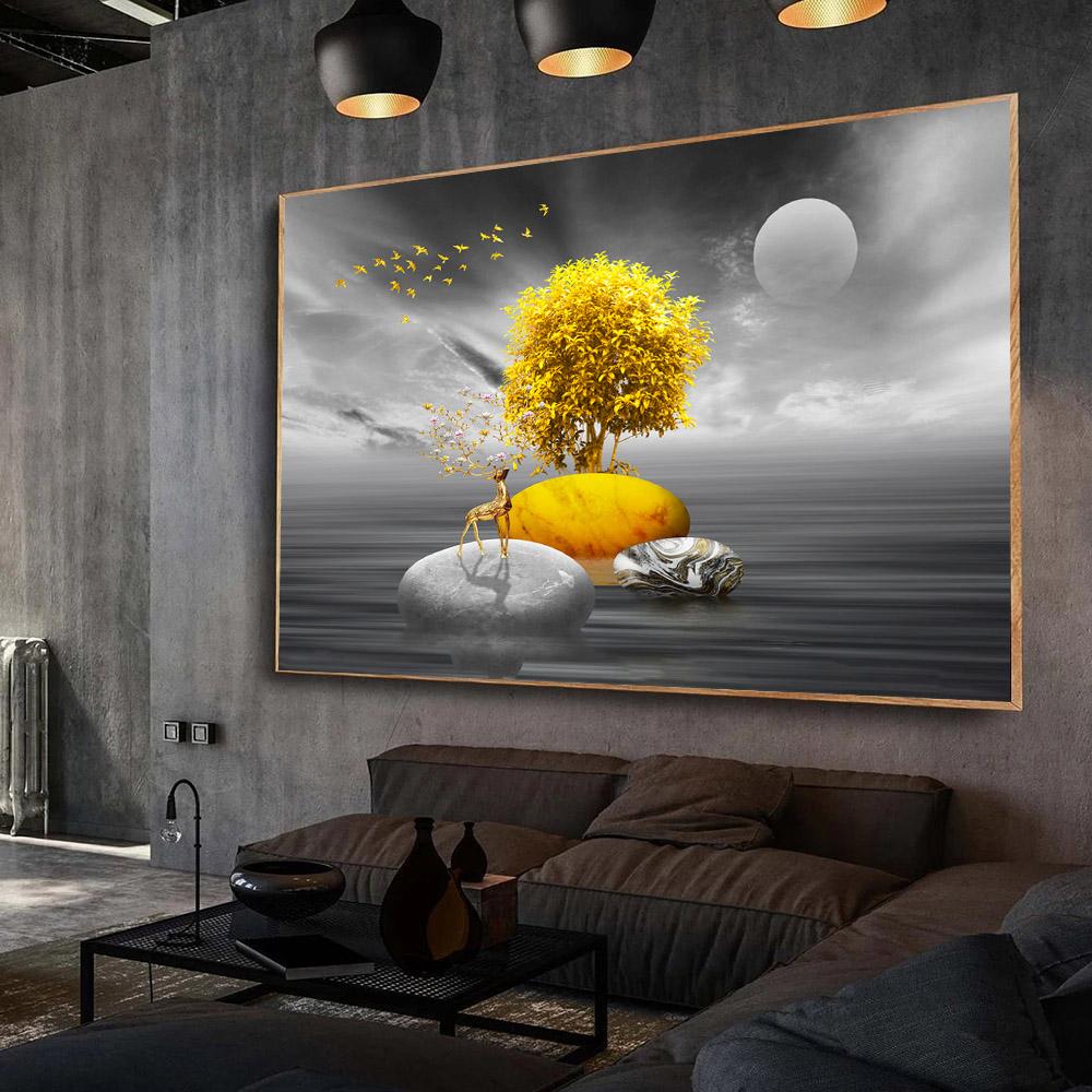 Modern Decoration Canvas Painting Deer And Stone Wall Art Pictures For Living Room Lucky Entrance Posters And Prints Home Decor
