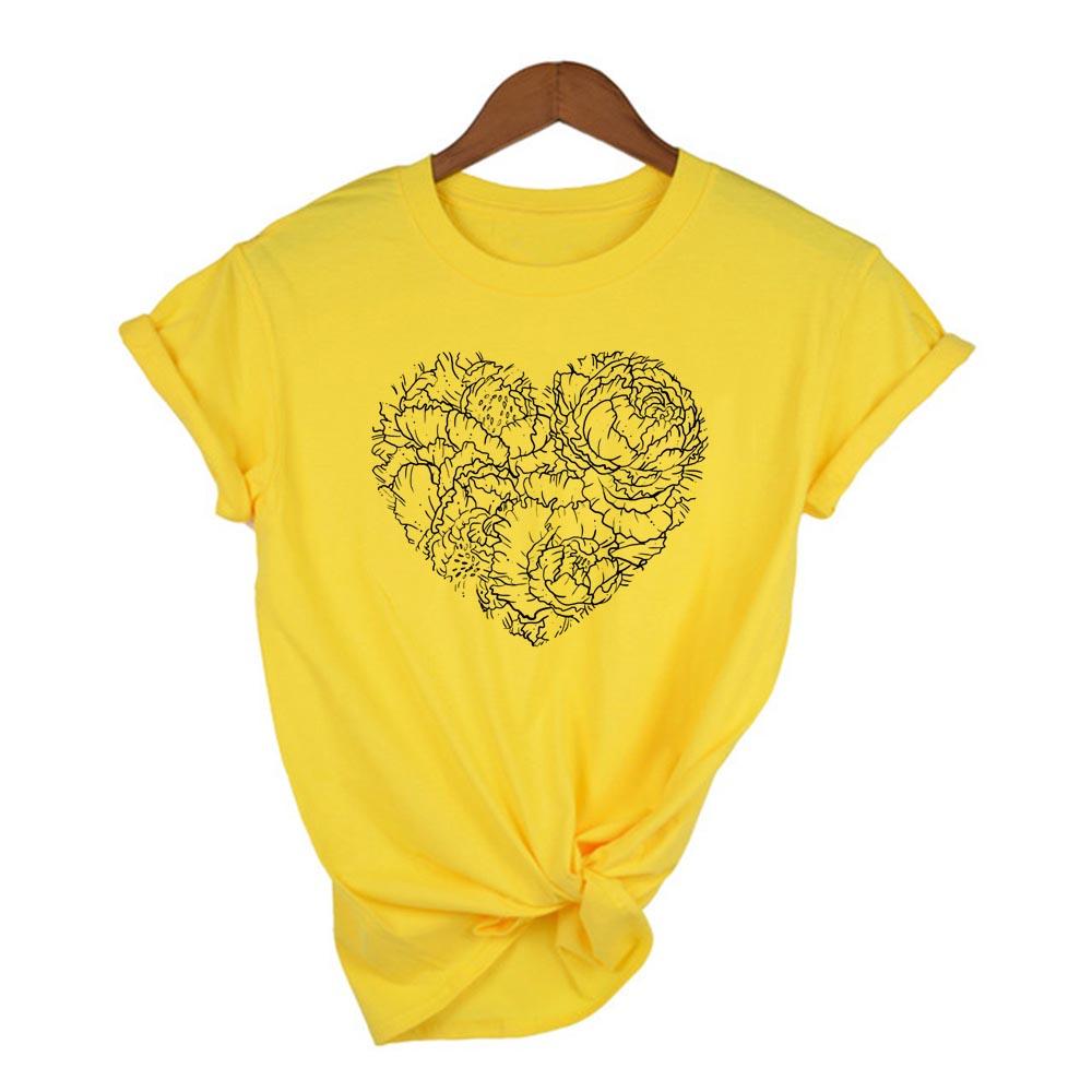 Cool Women T Shirt Heart Flowers Love Casual Shirts Yellow Blue Floral Heart Camisas Mujer Female