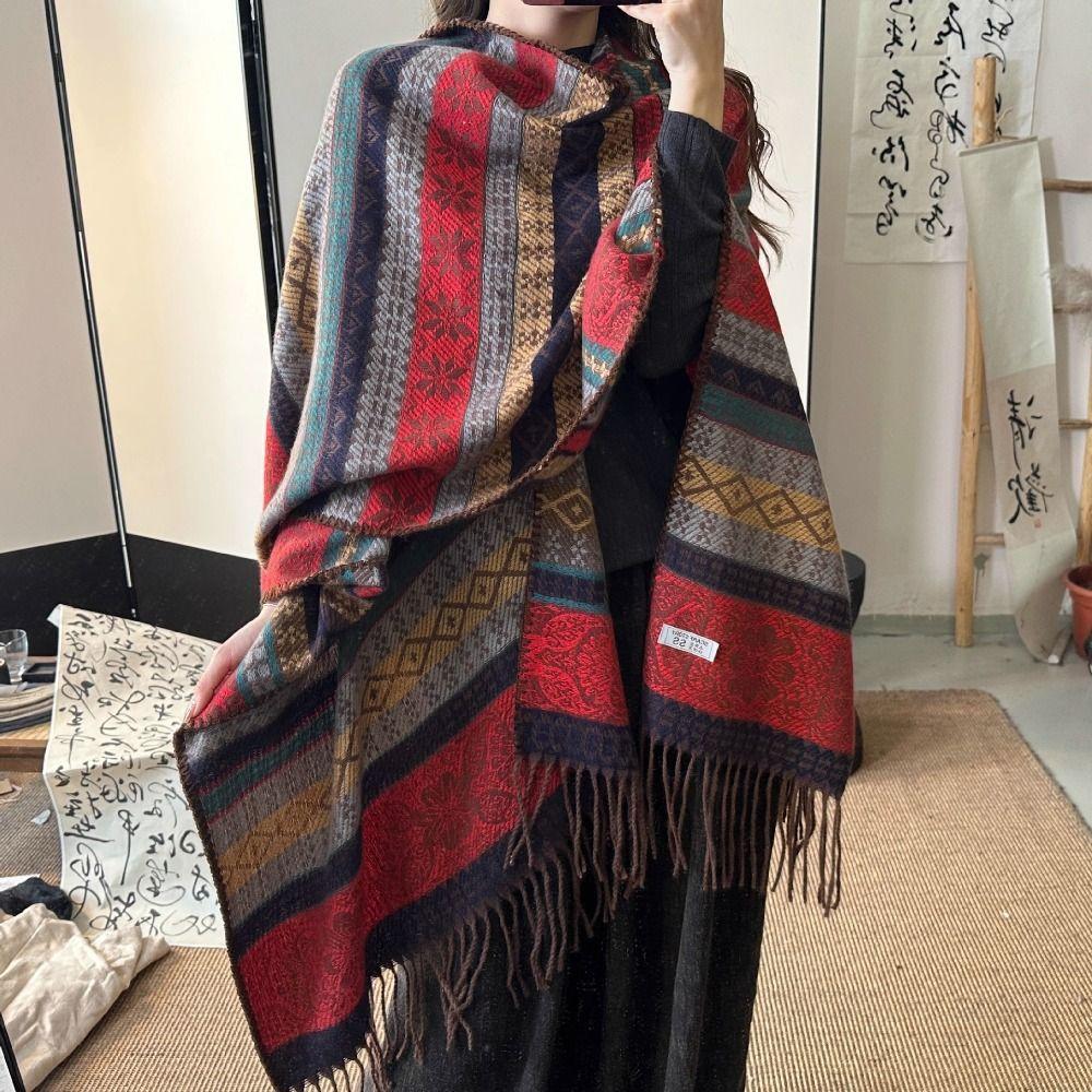 Autumn Winter Ethnic Style Shawl Imitation Cashmere Tassel Scarf Wraps Elegant Shawl Cape